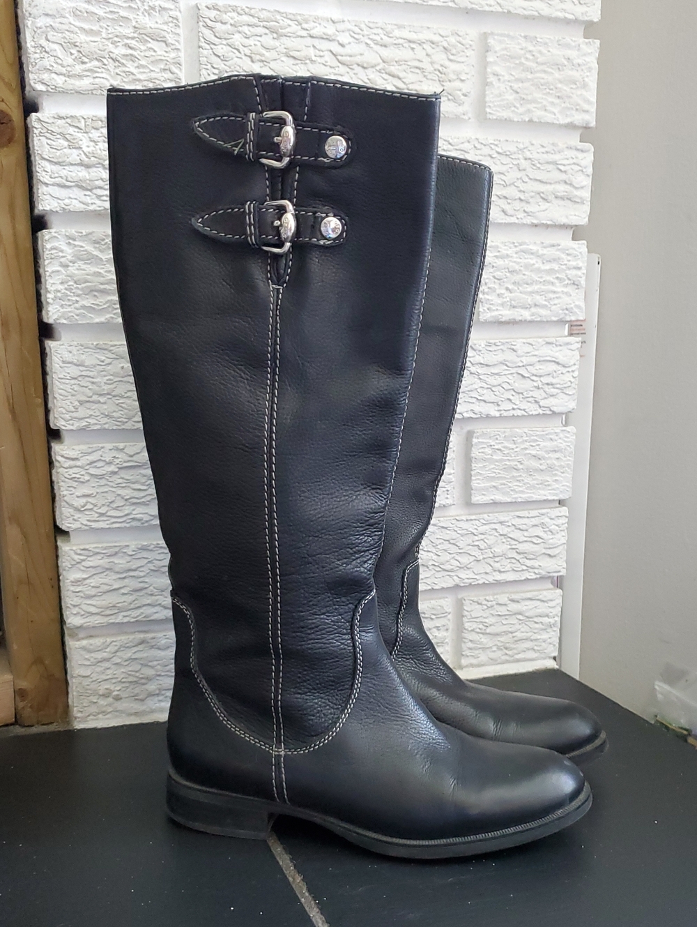 Geox Black Tall Leather Boots with Buckle Detail Sz 6 Fall Rock Western  Boho